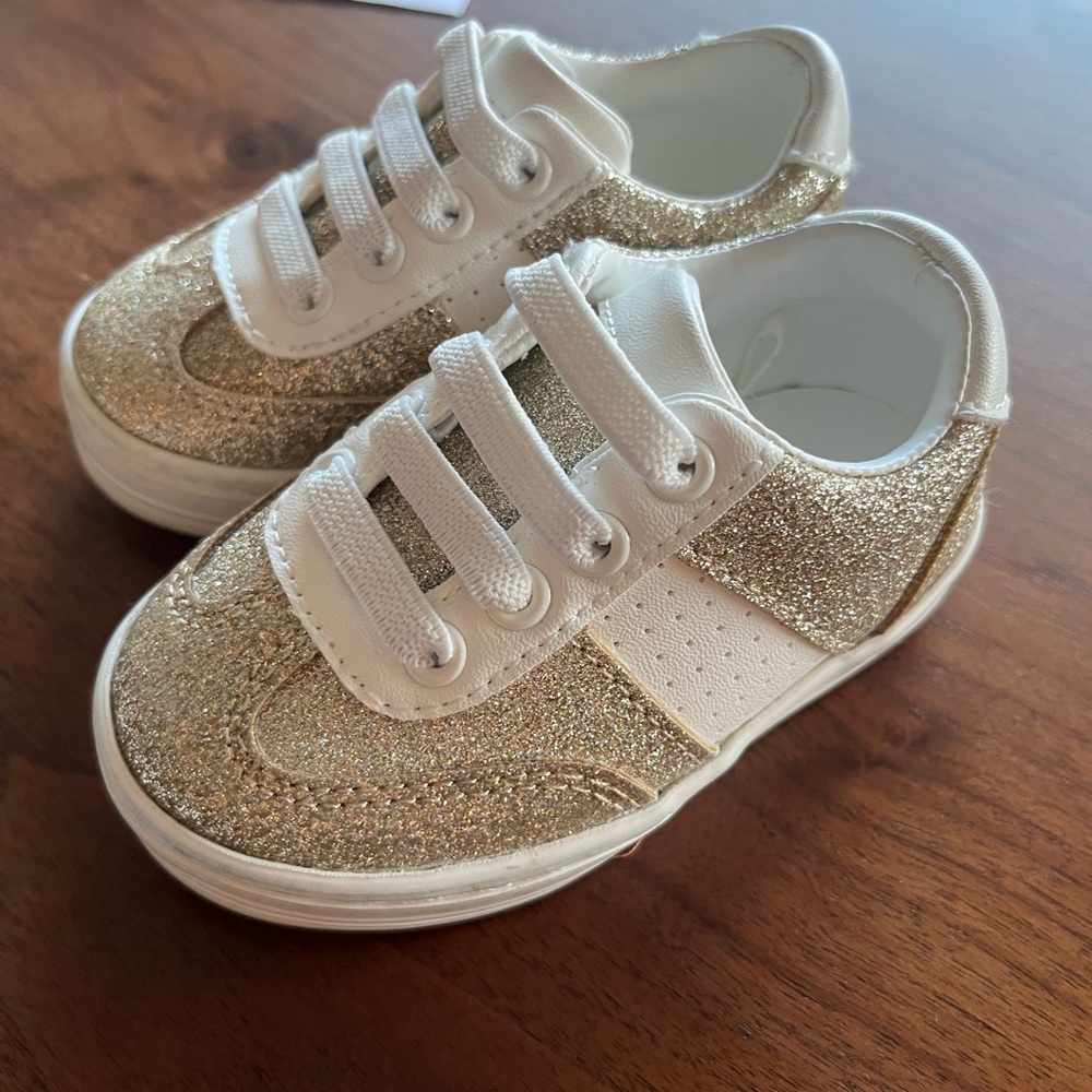 Janie and Jack Glittery Gold and White Sneakers
